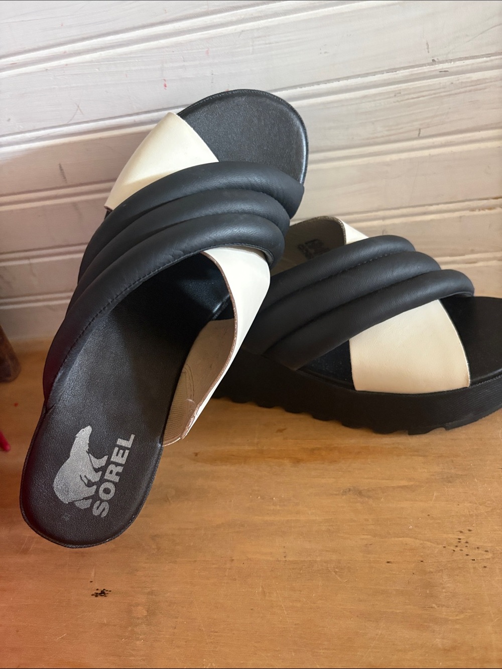 Sorel Black and White Padded Slide Sandals